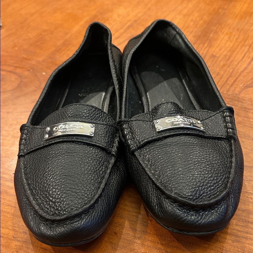 Coach Black Pebbled Leather Slip-On Loafers with Silver Plaque